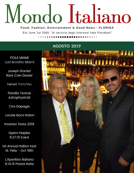 Mondo Italiano Magazine August 2019 Cover with Joseph Ranier, Fiorella Terenzi and Ciro Dapagio at Fiola Miami